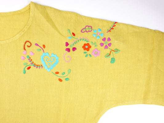 Blusa Amarela, em Linho com Bordado de Viana, Tamanho Único - Pormenor