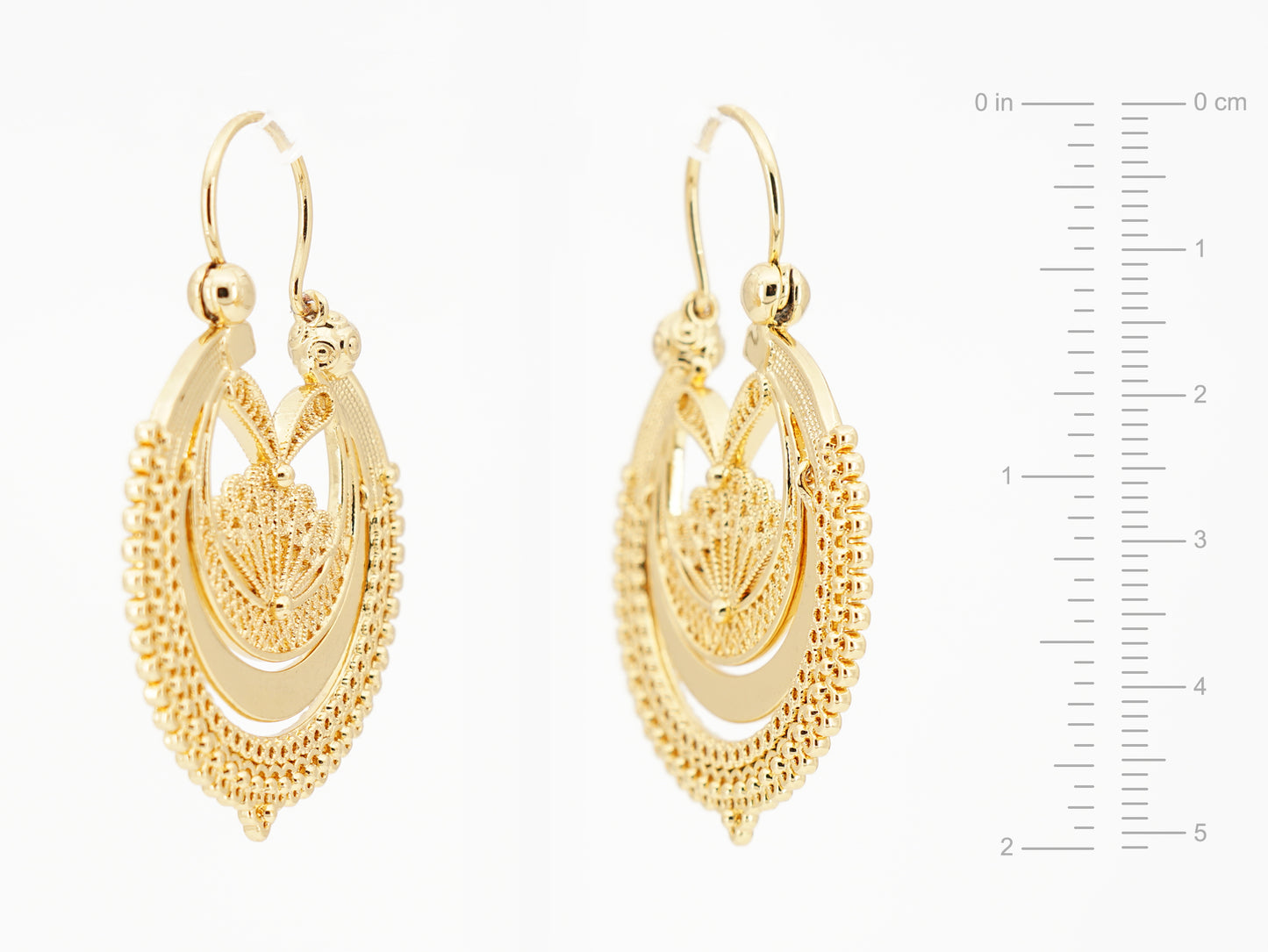 Brincos Arrecadas, Inspirados na Filigrana Portuguesa, Aço Inoxidável Dourado - Medidas