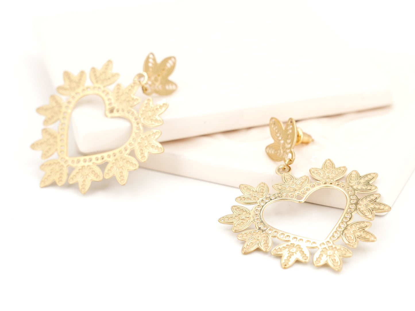 Brincos Coração Folhinhas, Inspirados na Filigrana Portuguesa, Aço Inoxidável Dourado