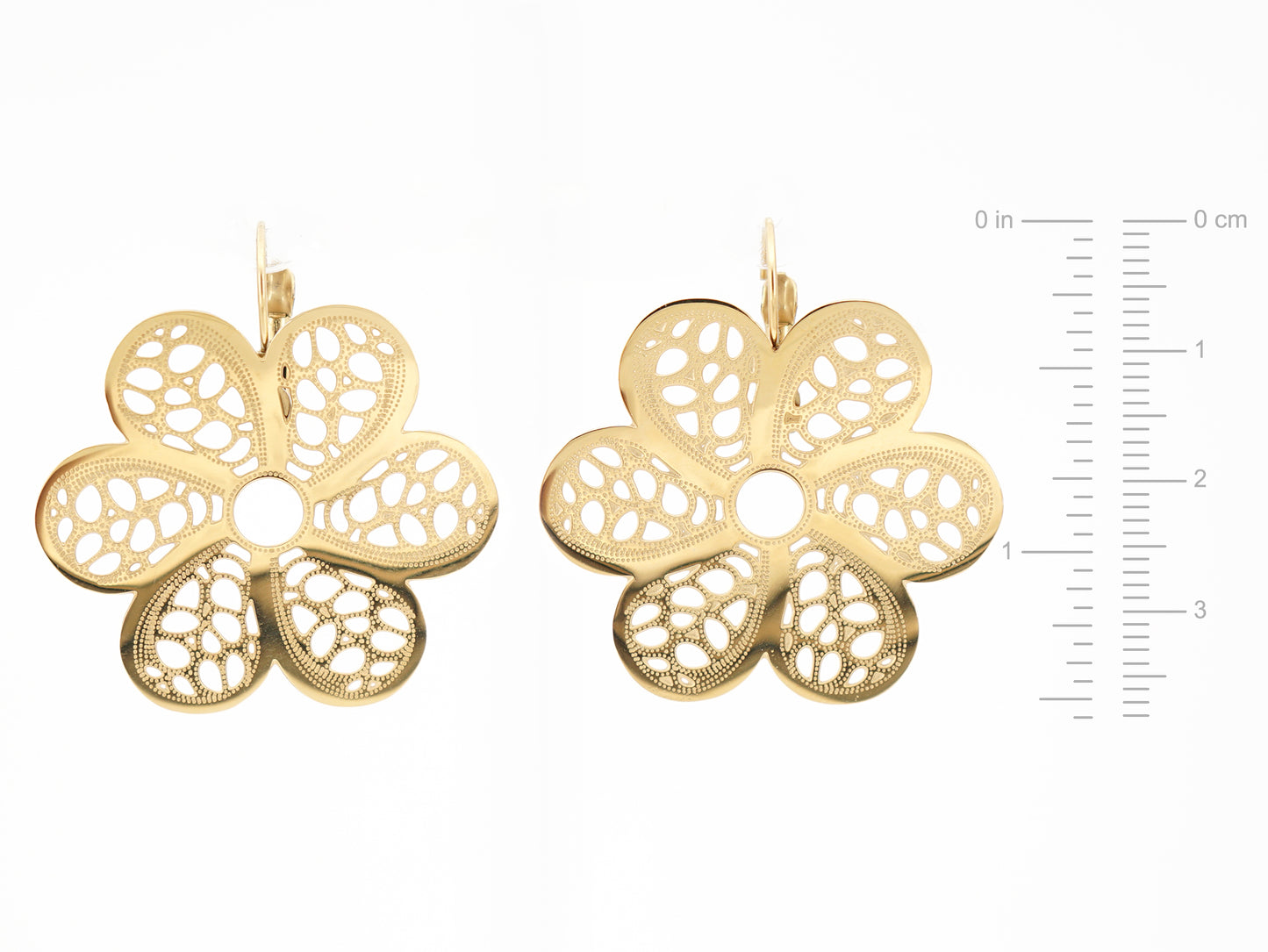 Brincos Flores Grandes, Inspirados na Filigrana Portuguesa, Aço Inoxidável Dourado - Medidas