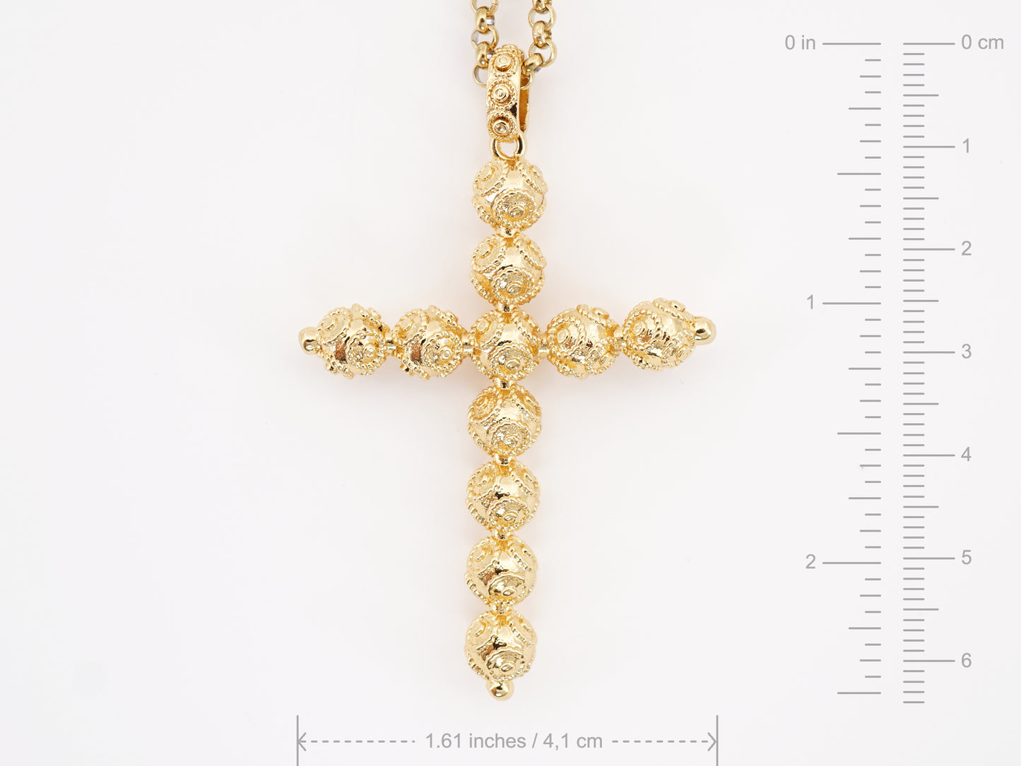 Colar Cruz Contas de Viana, Inspirado na Filigrana Portuguesa, Aço Inoxidável Dourado - Medidas