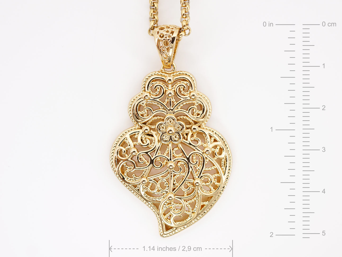 Colar com Coração de Viana Médio, Inspirado na Filigrana Portuguesa, Aço Inoxidável Dourado - Medidas