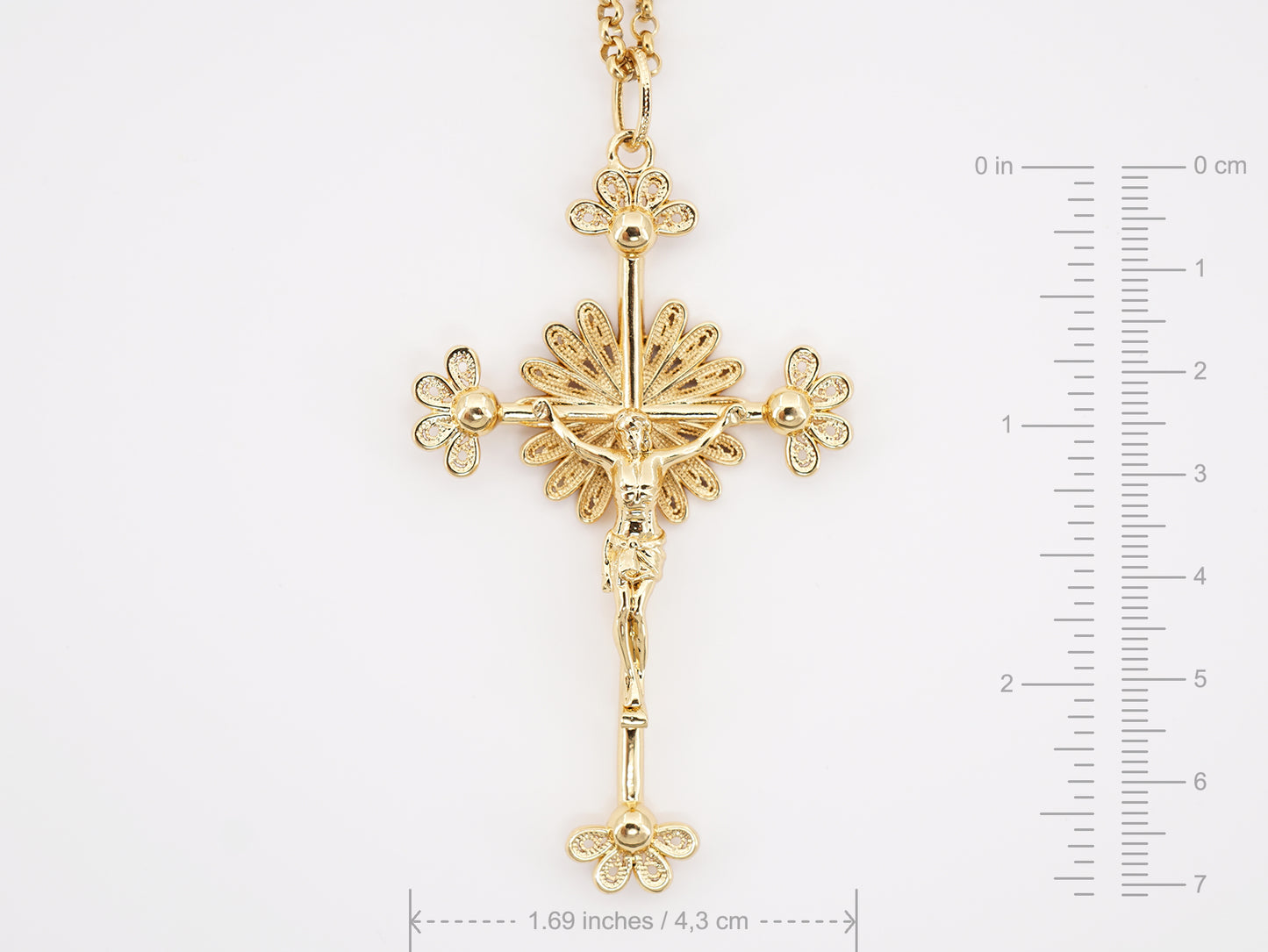 Colar Cruz Grande, Inspirado na Filigrana Portuguesa, Aço Inoxidável Dourado - Medidas
