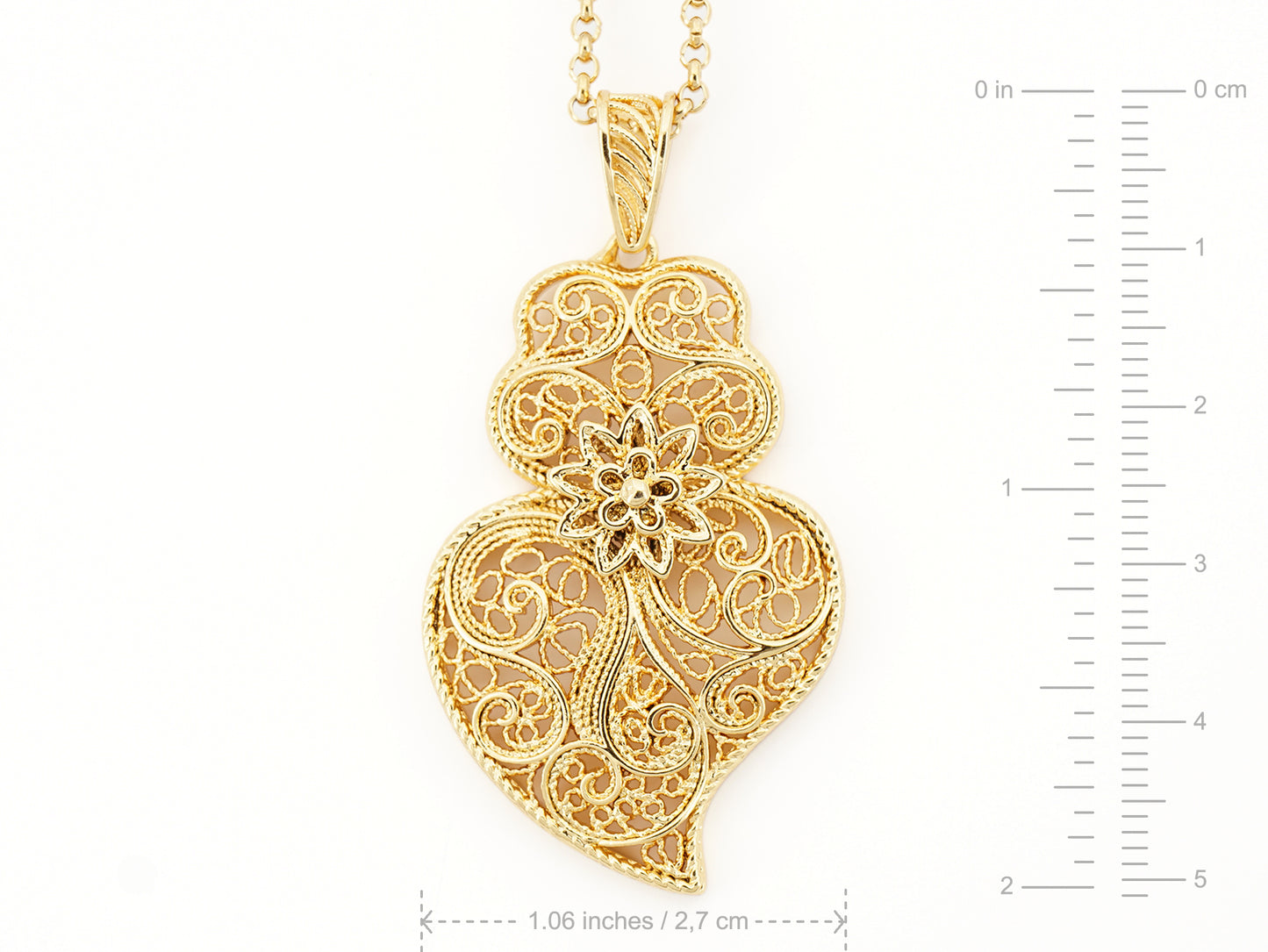Colar com Coração de Viana Tradicional Médio, Inspirado na Filigrana Portuguesa, Aço Inoxidável Dourado - Medidas