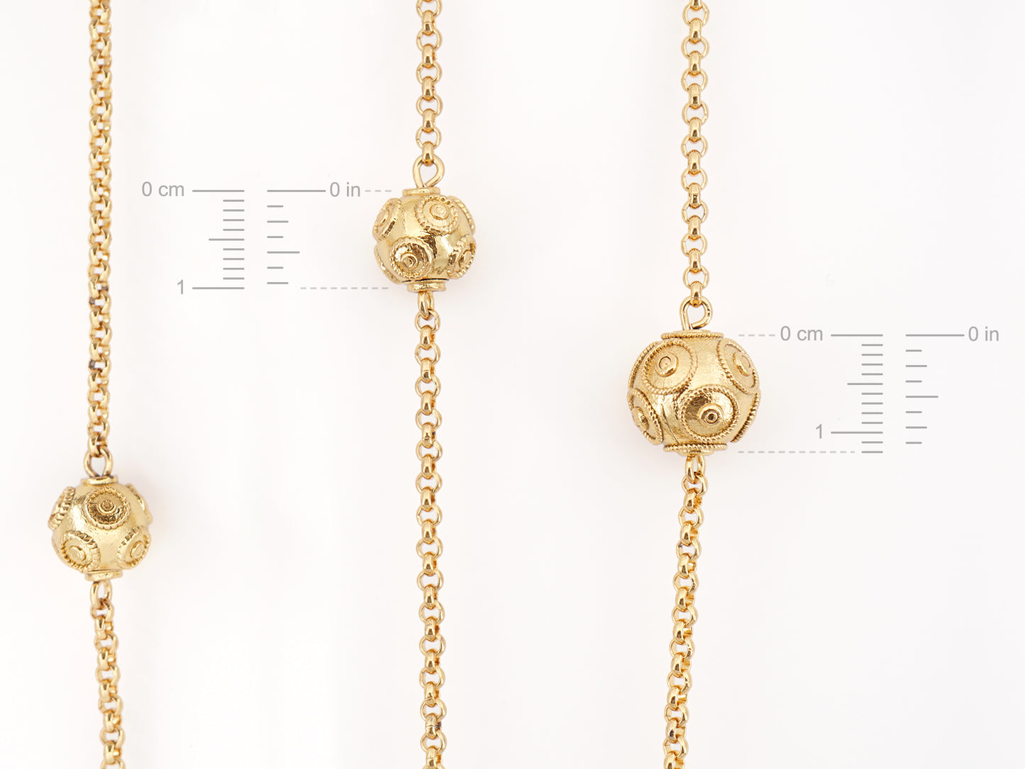 Colar Comprido Contas de Viana Grandes, Inspirado na Filigrana Portuguesa, Aço Inoxidável Dourado - Medidas