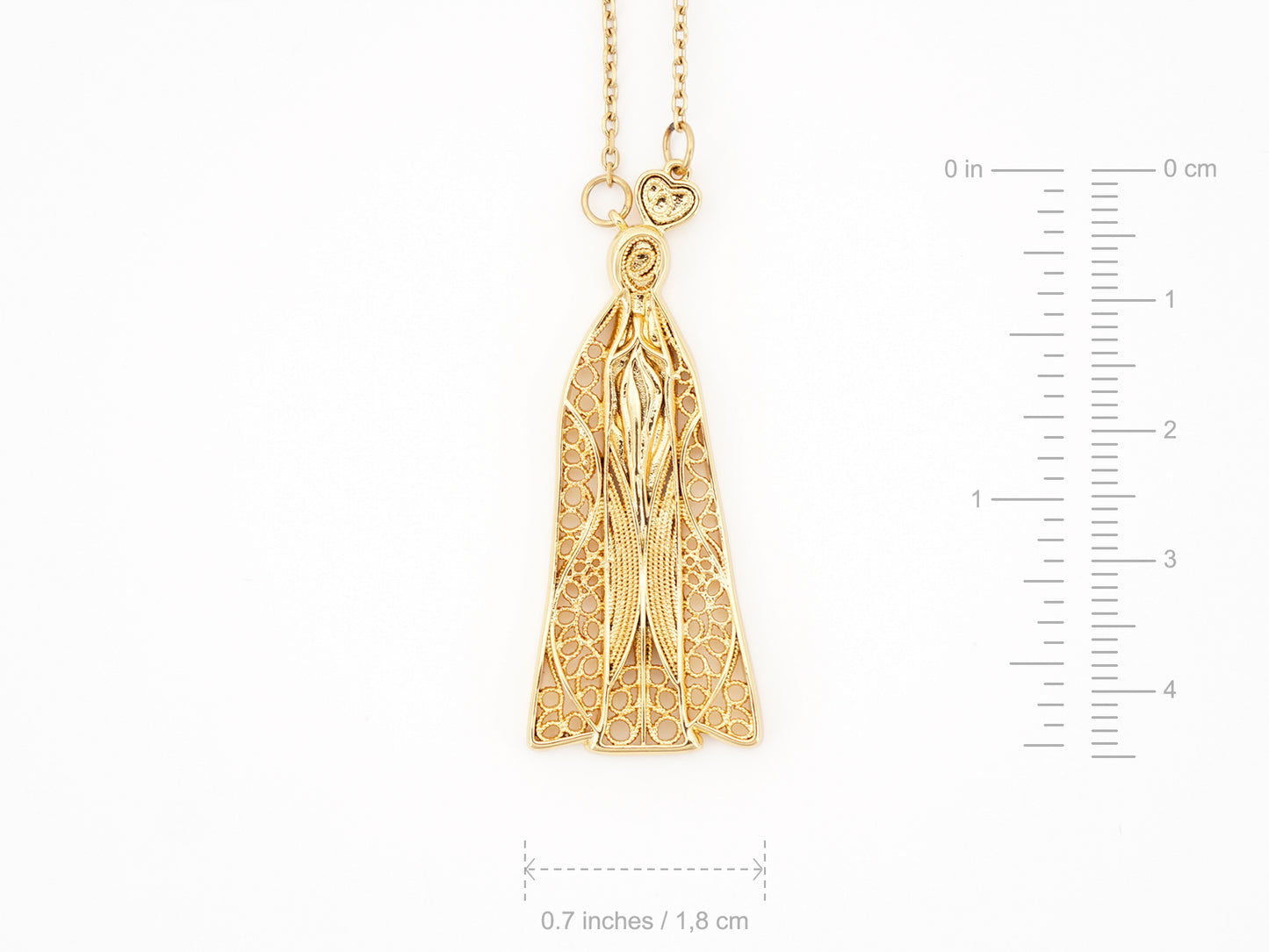 Colar Nossa Senhora de Fátima, Inspirado na Filigrana Portuguesa, Aço Inoxidável Dourado - Medidas