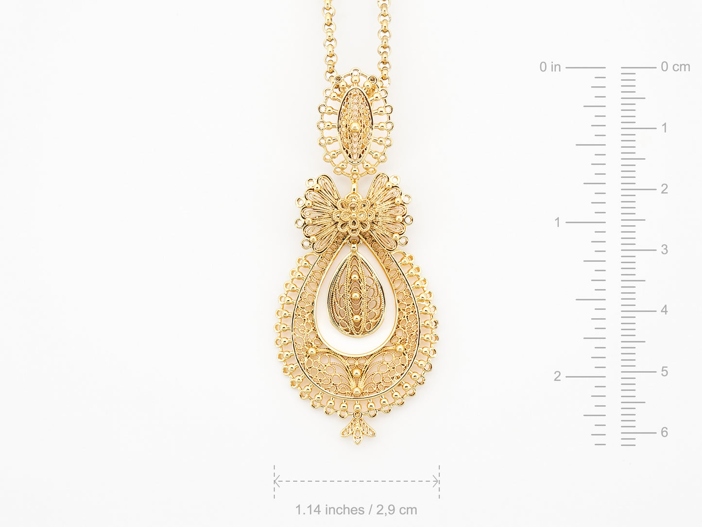 Colar Princesa, Inspirado na Filigrana Portuguesa, Aço Inoxidável Dourado - Medidas