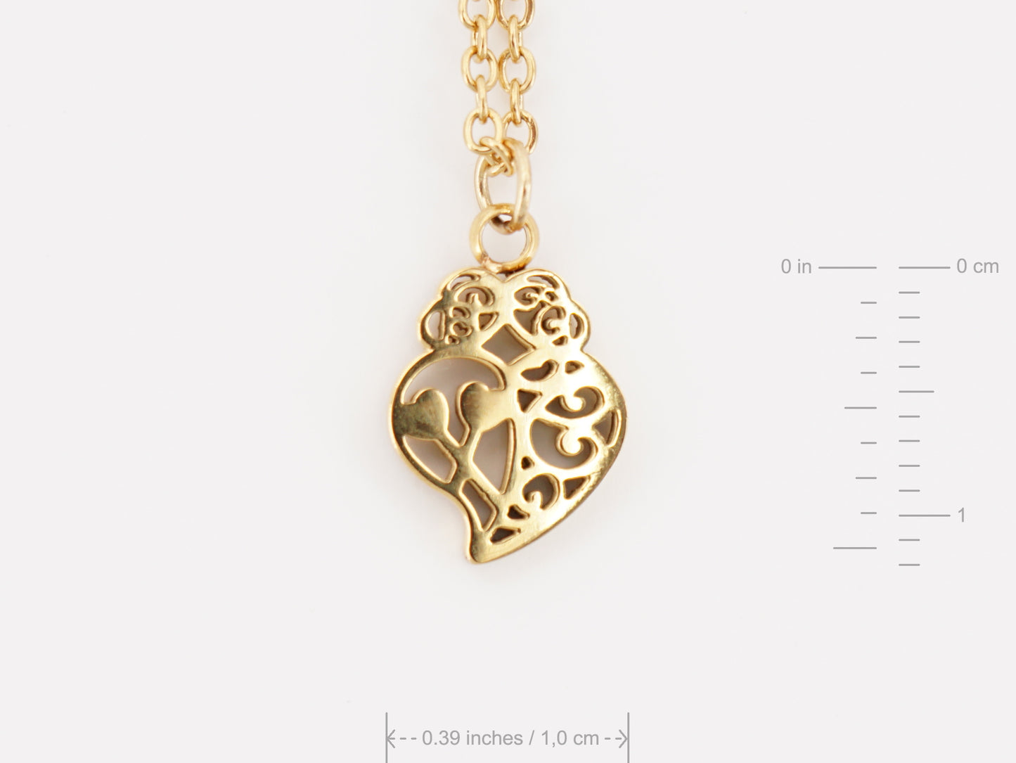 Colar Coração de Viana Mini, Inspirado na Filigrana Portuguesa, Aço Inoxidável Dourado - Medidas
