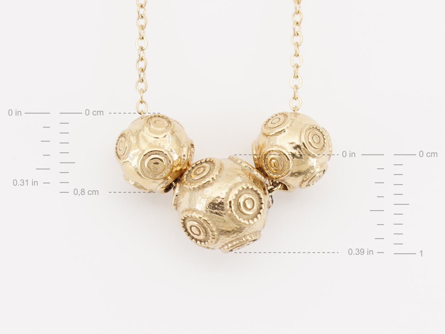 Colar com Três Contas de Viana, Inspirado na Filigrana Portuguesa, Aço Inoxidável Dourado - Medidas