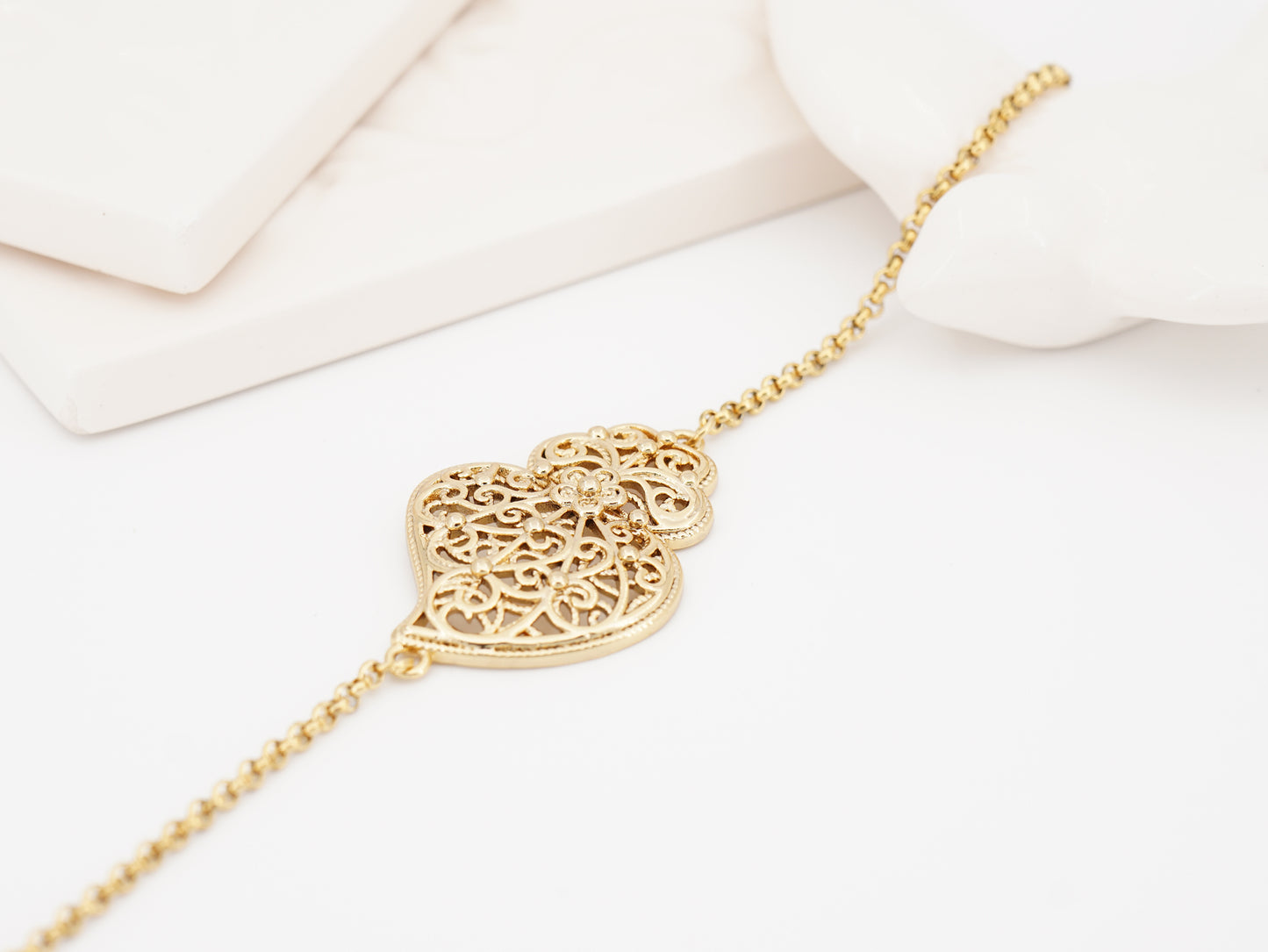 Pulseira Coração de Viana Tradicional, Inspirado na Filigrana Portuguesa, Aço Inoxidável Dourado