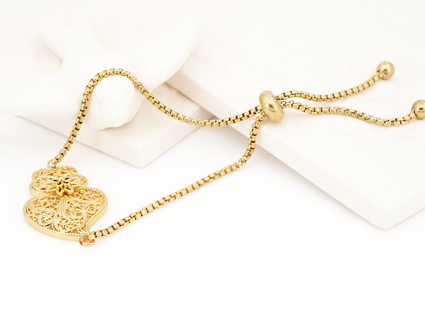Pulseira Coração de Viana Tradicional, Inspirado na Filigrana Portuguesa, Aço Inoxidável Dourado