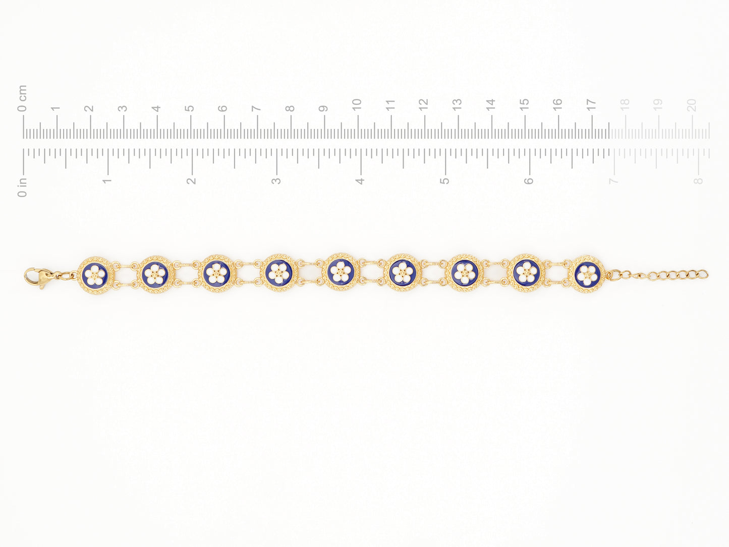 Pulseira Nove Caramujos Azuis, Inspirado na Filigrana Portuguesa, Aço Inoxidável Dourado - Medidas