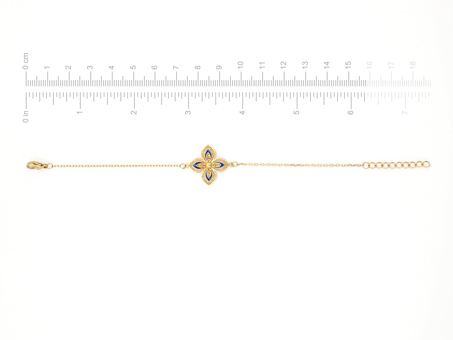 Pulseira Flor com Pormenores Azuis, Inspirado na Filigrana Portuguesa, Aço Inoxidável Dourado - Medidas