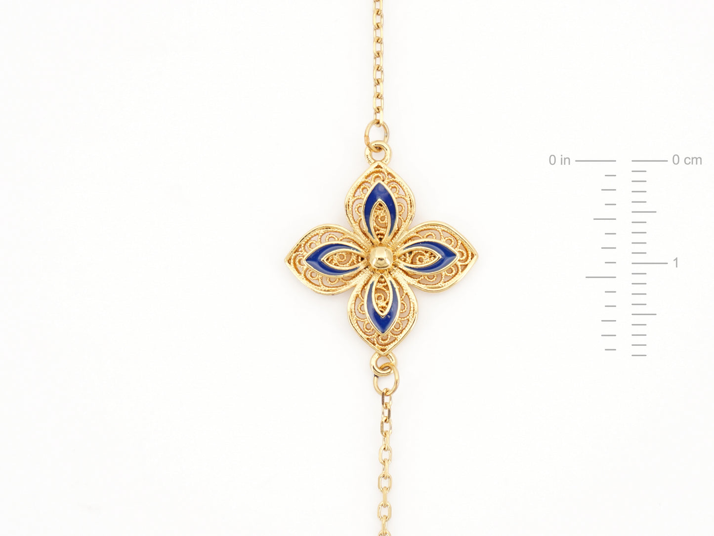 Pulseira Flor com Pormenores Azuis, Inspirado na Filigrana Portuguesa, Aço Inoxidável Dourado - Medidas