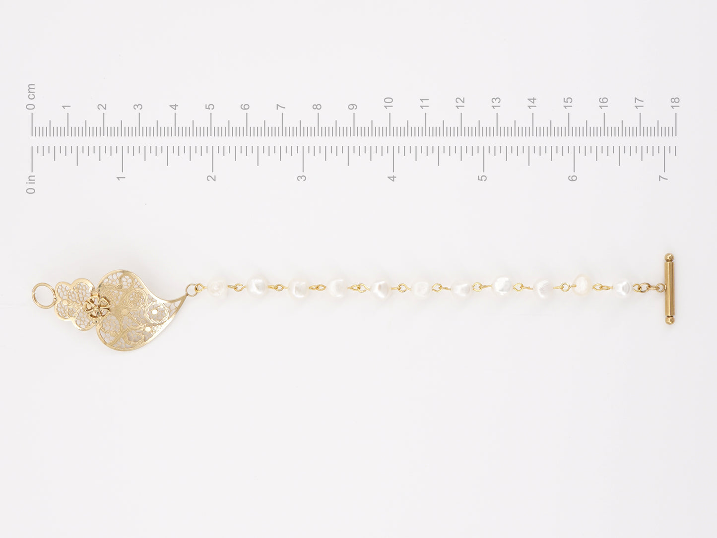 Pulseira Coração de Viana e Pérolas, Inspirado na Filigrana Portuguesa, Aço Inoxidável Dourado - Medidas