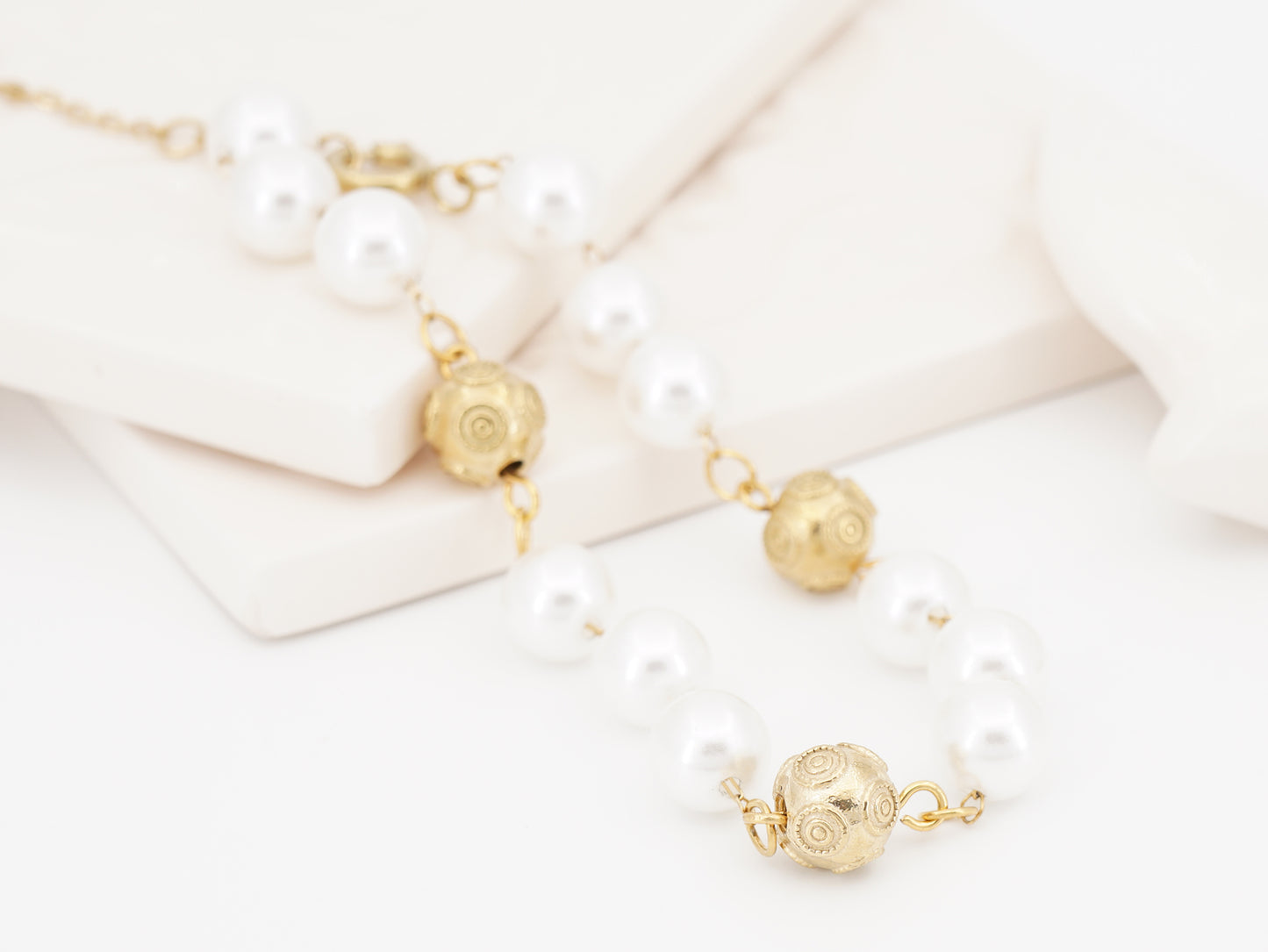 Pulseira Contas de Viana e Pérolas, Inspirado na Filigrana Portuguesa, Aço Inoxidável Dourado