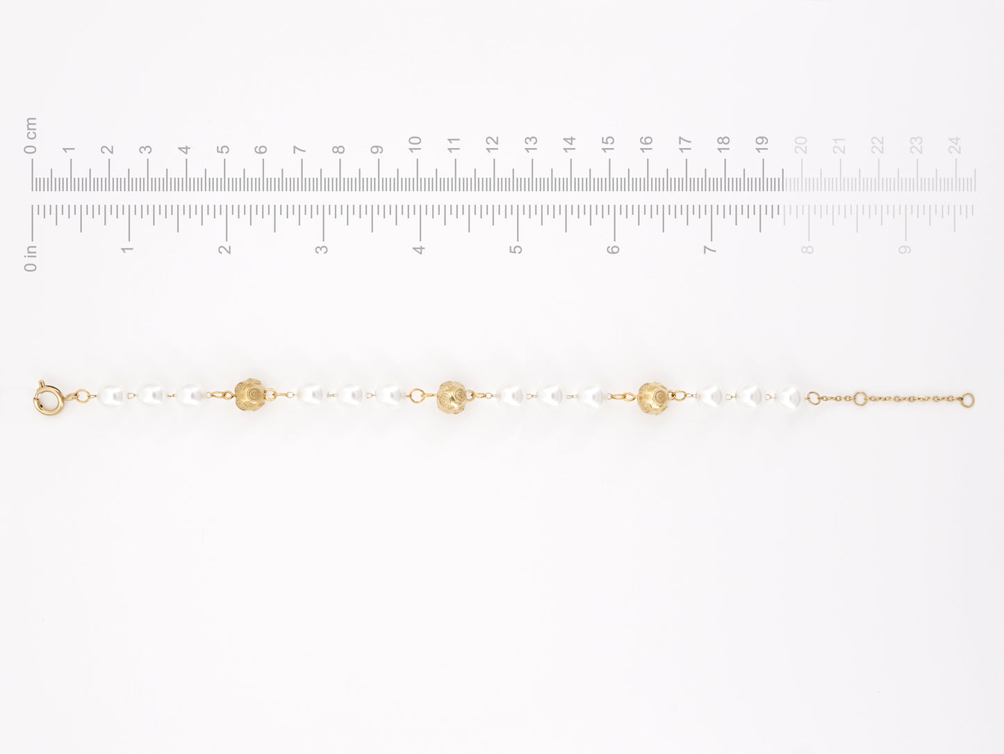 Pulseira Contas de Viana e Pérolas, Inspirado na Filigrana Portuguesa, Aço Inoxidável Dourado - Medidas