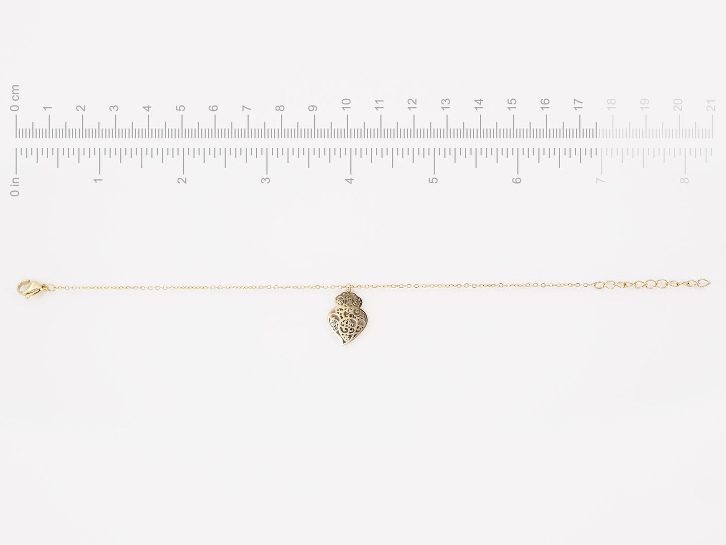 Pulseira Coração de Viana Estilizado Pequeno, Inspirado na Filigrana Portuguesa, Aço Inoxidável Dourado - Medidas