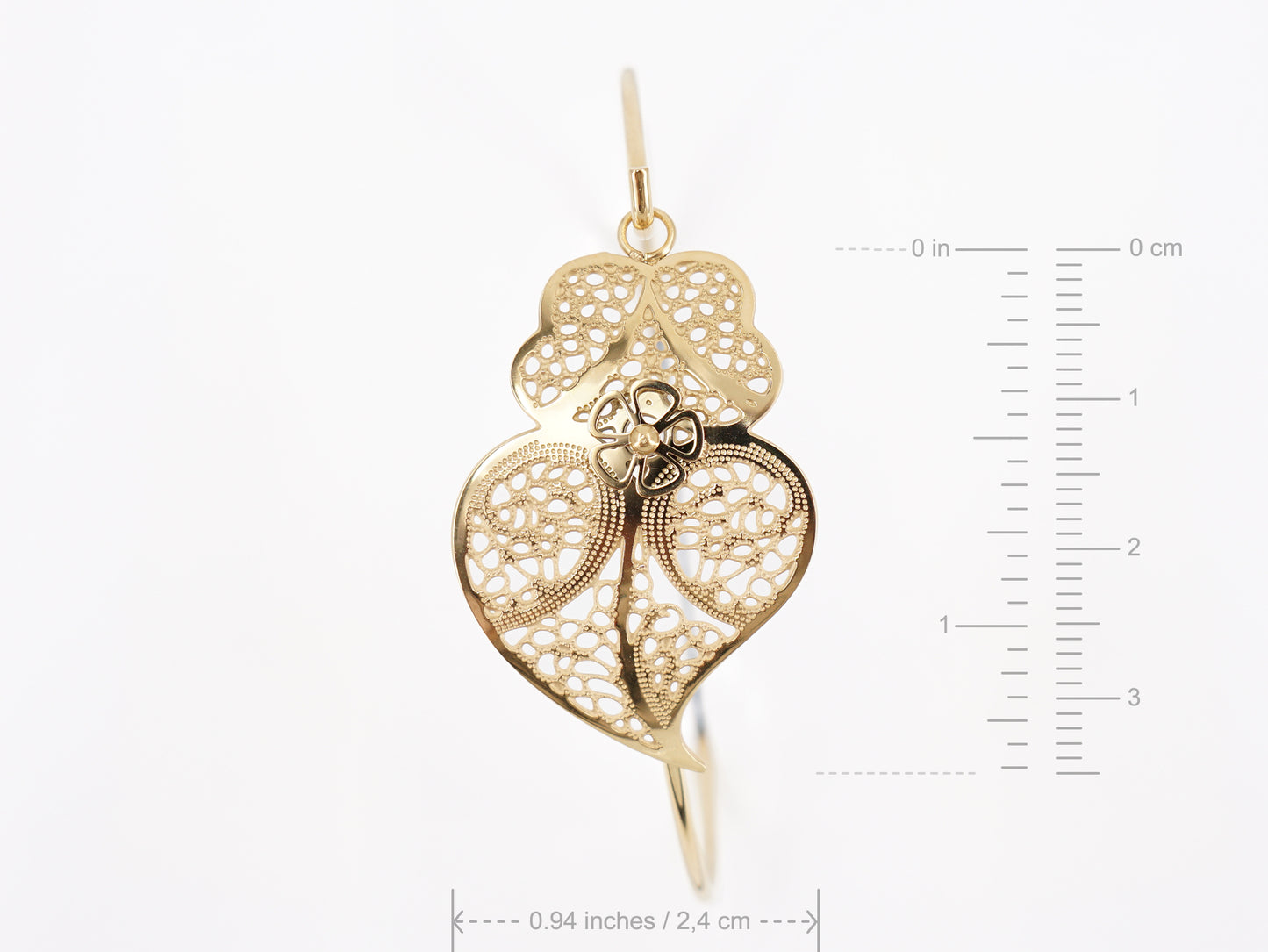 Pulseira Escrava Coração de Viana Estilizado, Inspirado na Filigrana Portuguesa, Aço Inoxidável Dourado - Medidas