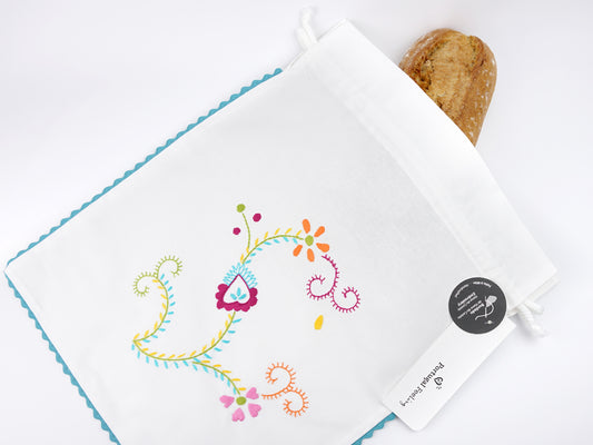 Saco para Pão com Rebordo Azul Claro, Bordado de Viana