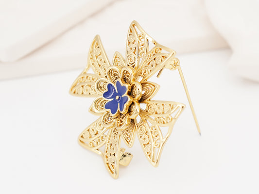 Alfinete Cruz com Pormenores Azuis, Inspirado na Filigrana Portuguesa, Aço Inoxidável Dourado