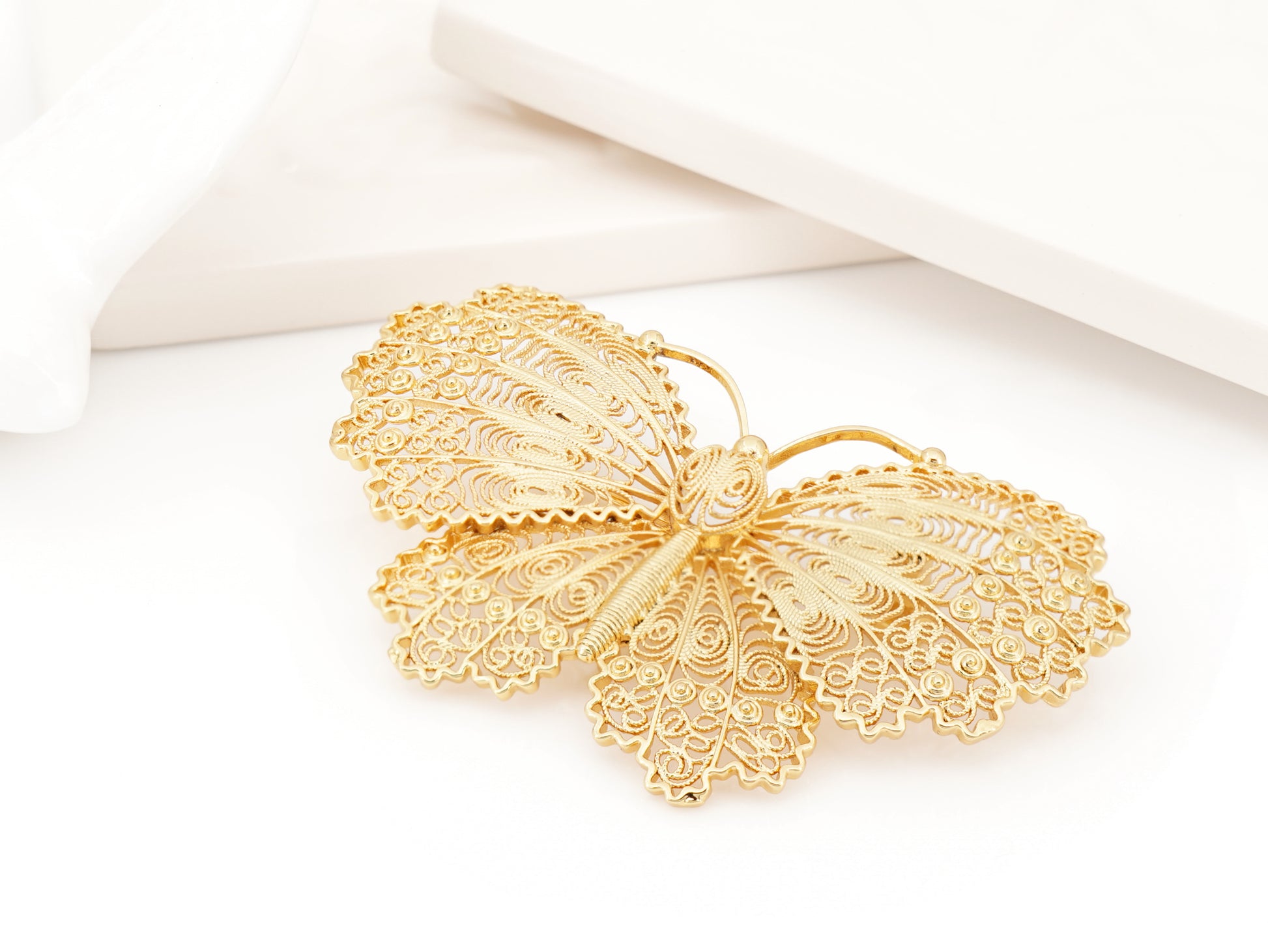Alfinete Borboleta Grande, Inspirado na Filigrana Portuguesa, Aço Inoxidável Dourado