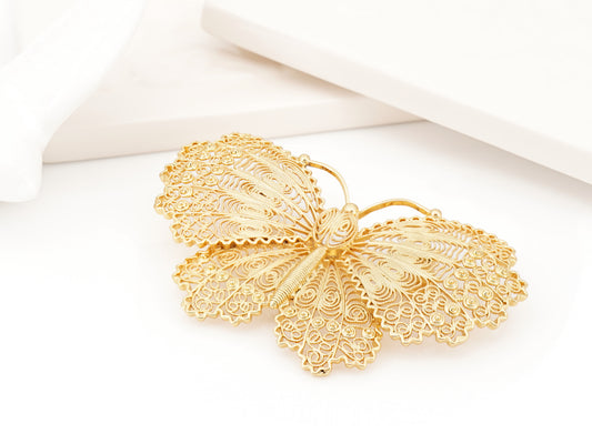 Alfinete Borboleta Grande, Inspirado na Filigrana Portuguesa, Aço Inoxidável Dourado