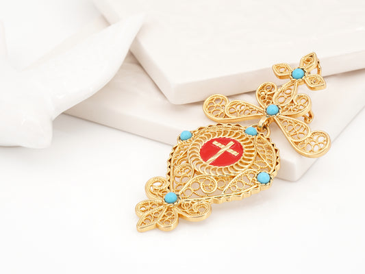 Alfinete Relicário Médio, Inspirado na Filigrana Portuguesa, Aço Inoxidável Dourado