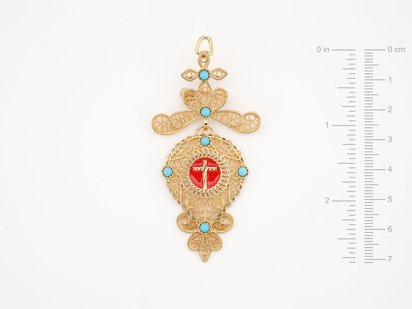 Alfinete Relicário Médio, Inspirado na Filigrana Portuguesa, Aço Inoxidável Dourado - Medidas