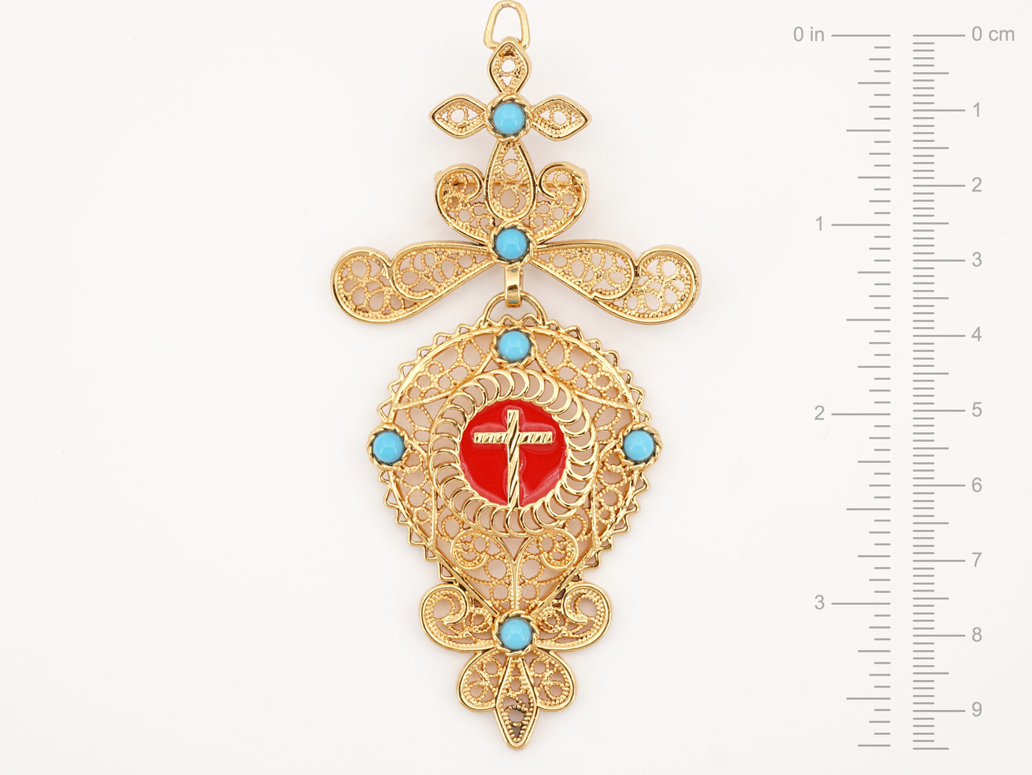 Alfinete Relicário Grande, Inspirado na Filigrana Portuguesa, Aço Inoxidável Dourado - Medidas