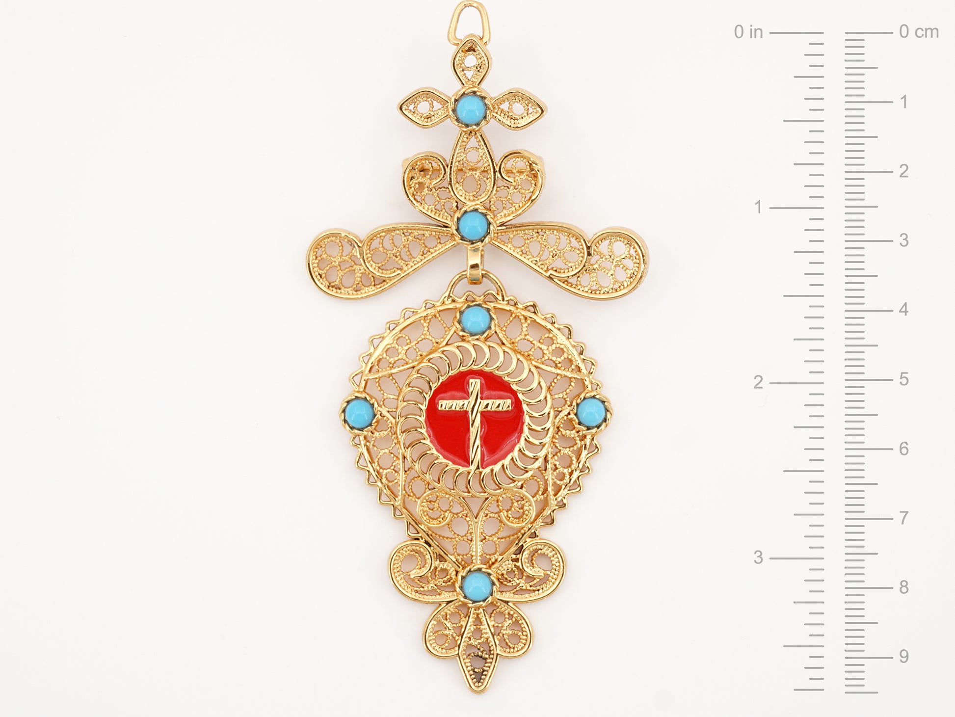 Alfinete Relicário Grande, Inspirado na Filigrana Portuguesa, Aço Inoxidável Dourado - Medidas