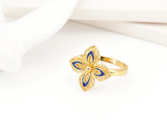 Anel Flor com Pormenores Azuis, Inspirado na Filigrana Portuguesa, Aço Inoxidável Dourado
