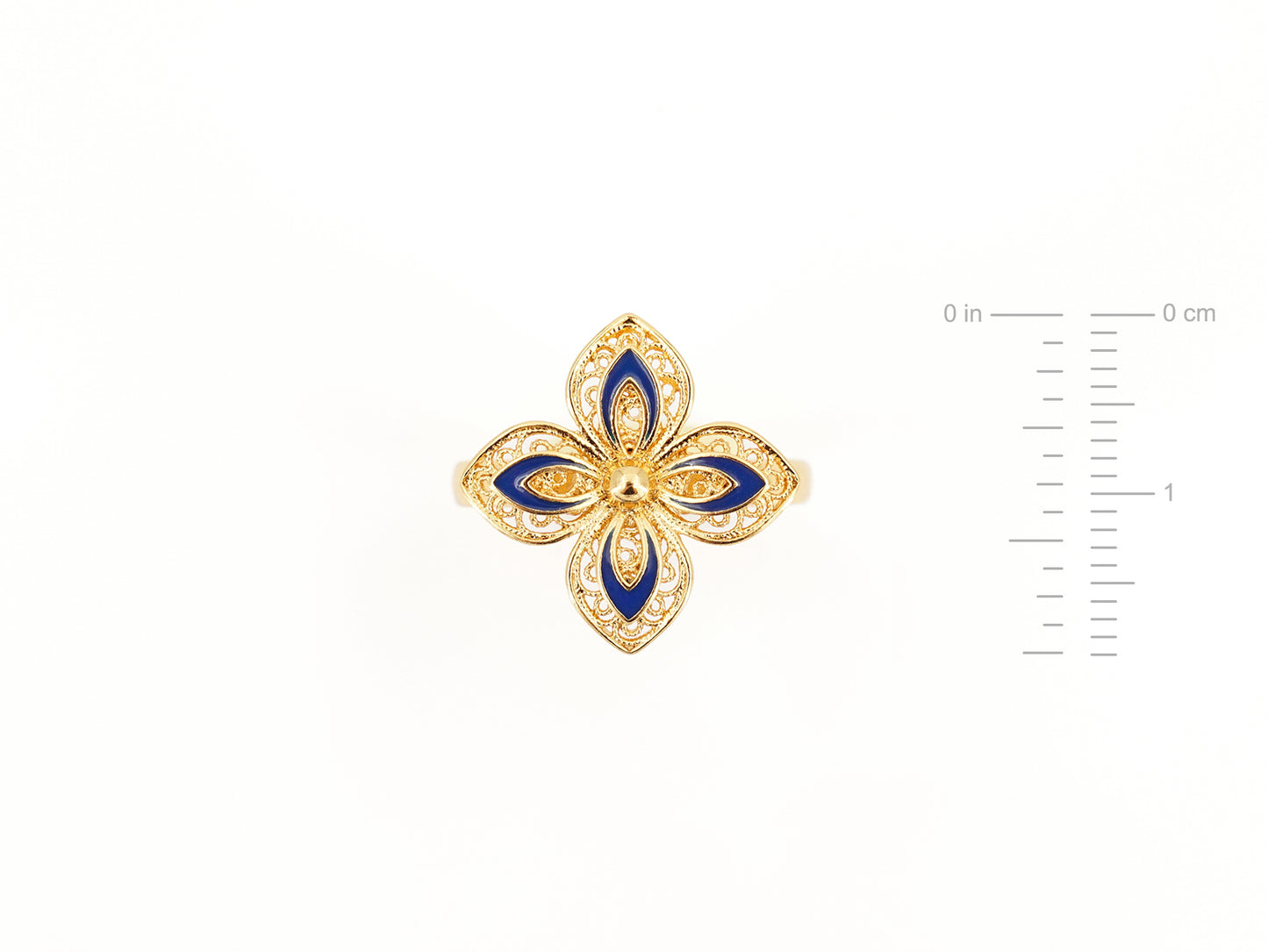 Anel Flor com Pormenores Azuis, Inspirado na Filigrana Portuguesa, Aço Inoxidável Dourado - Medidas