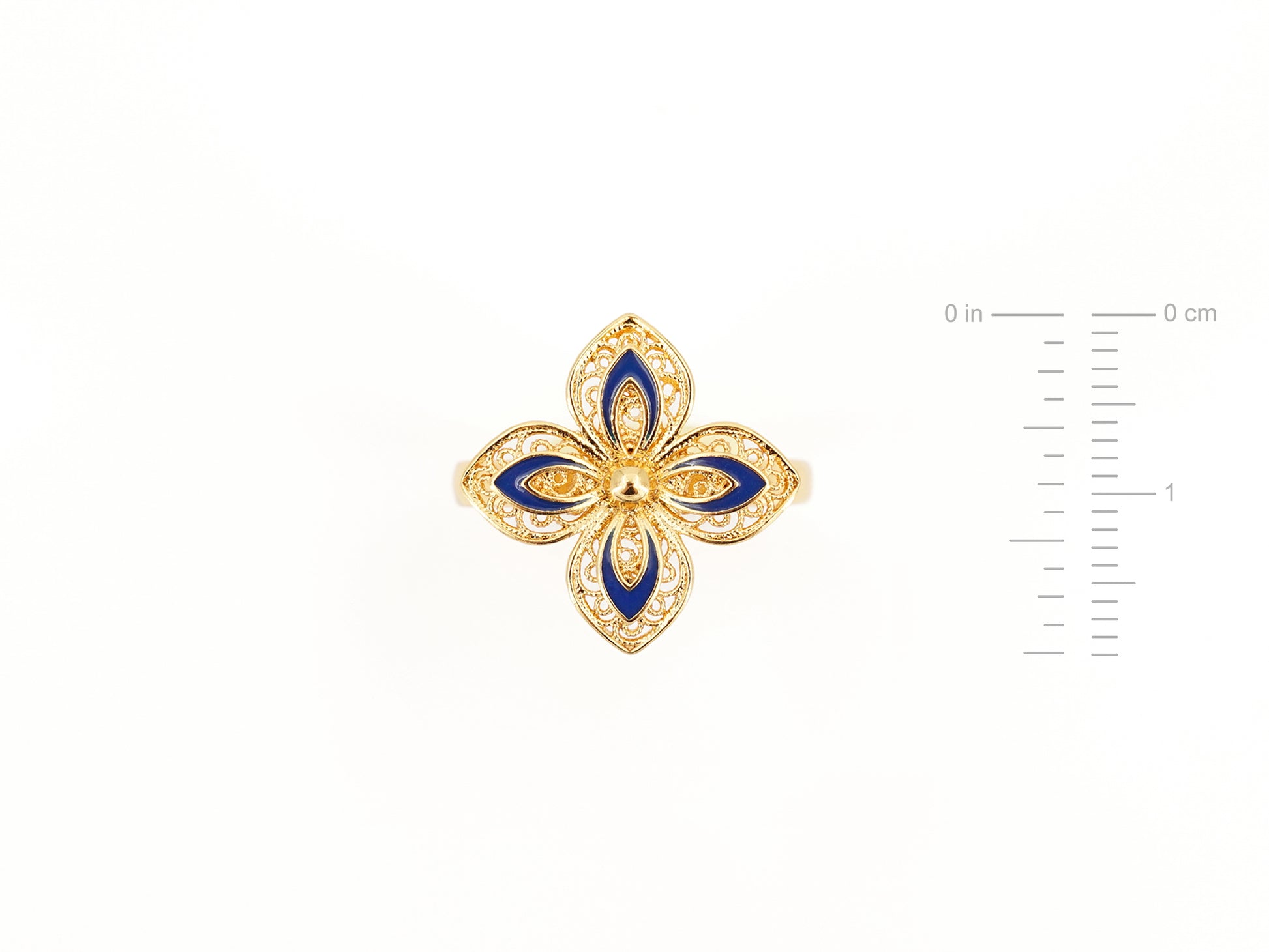 Anel Flor com Pormenores Azuis, Inspirado na Filigrana Portuguesa, Aço Inoxidável Dourado - Medidas