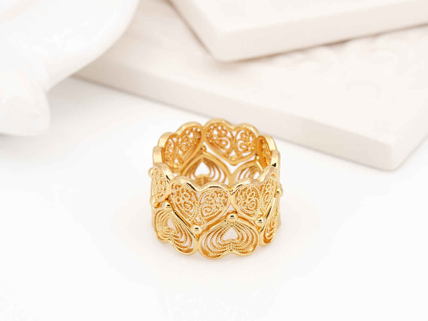 Anel Duplo com Corações de Viana Encaixados, Inspirado na Filigrana Portuguesa, Aço Inoxidável Dourado