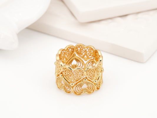 Anel Duplo com Corações de Viana Encaixados, Inspirado na Filigrana Portuguesa, Aço Inoxidável Dourado