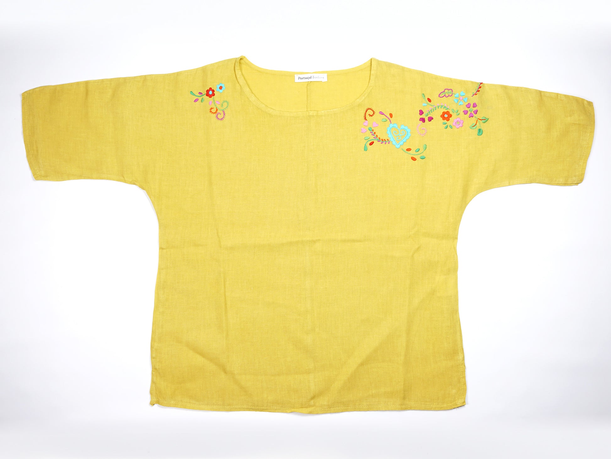 Blusa Amarela, em Linho com Bordado de Viana, Tamanho Único - Vista de Frente