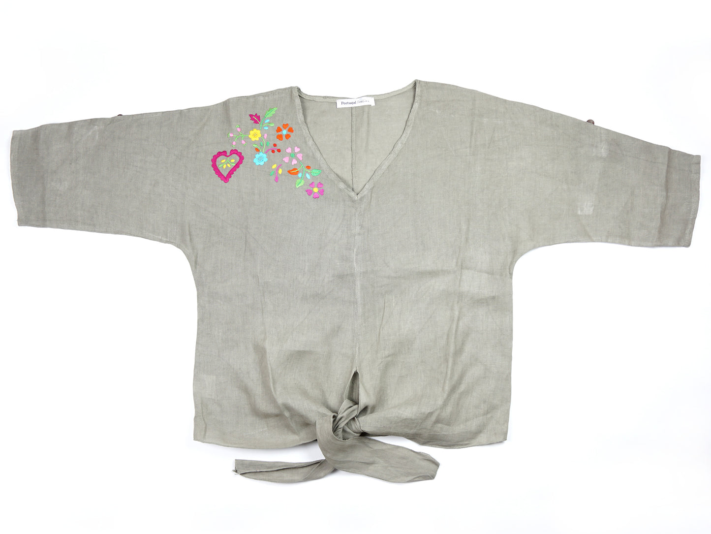 Blusa "Nó" em Linho com Bordado de Viana, Tamanho Único - Vista de Frente com Manga Completa