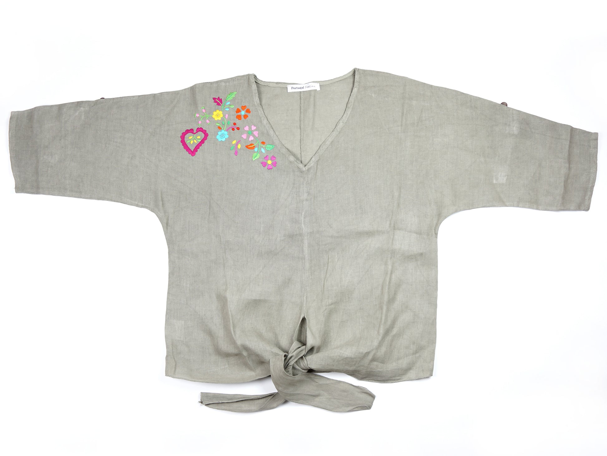 Blusa "Nó" em Linho com Bordado de Viana, Tamanho Único - Vista de Frente com Manga Completa