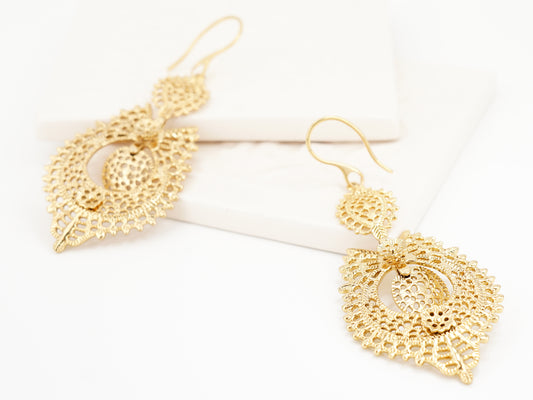 Brincos Rainha Grandes, Inspirados na Filigrana Portuguesa, Aço Inoxidável Dourado