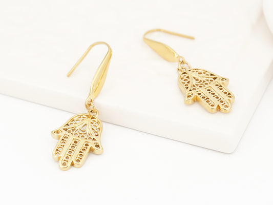 Brincos Mão de Fátima, Inspirados na Filigrana Portuguesa, Aço Inoxidável Dourado