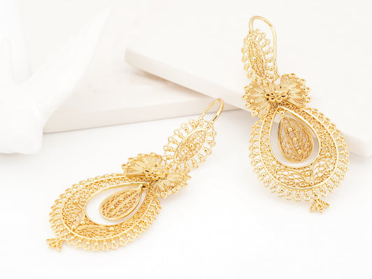 Brincos Princesa Grandes, Inspirados na Filigrana Portuguesa, Aço Inoxidável Dourado