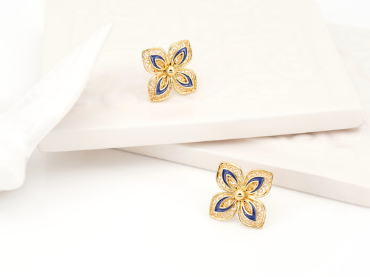 Brincos Flores com Pormenores Azuis, Inspirados na Filigrana Portuguesa, Aço Inoxidável Dourado