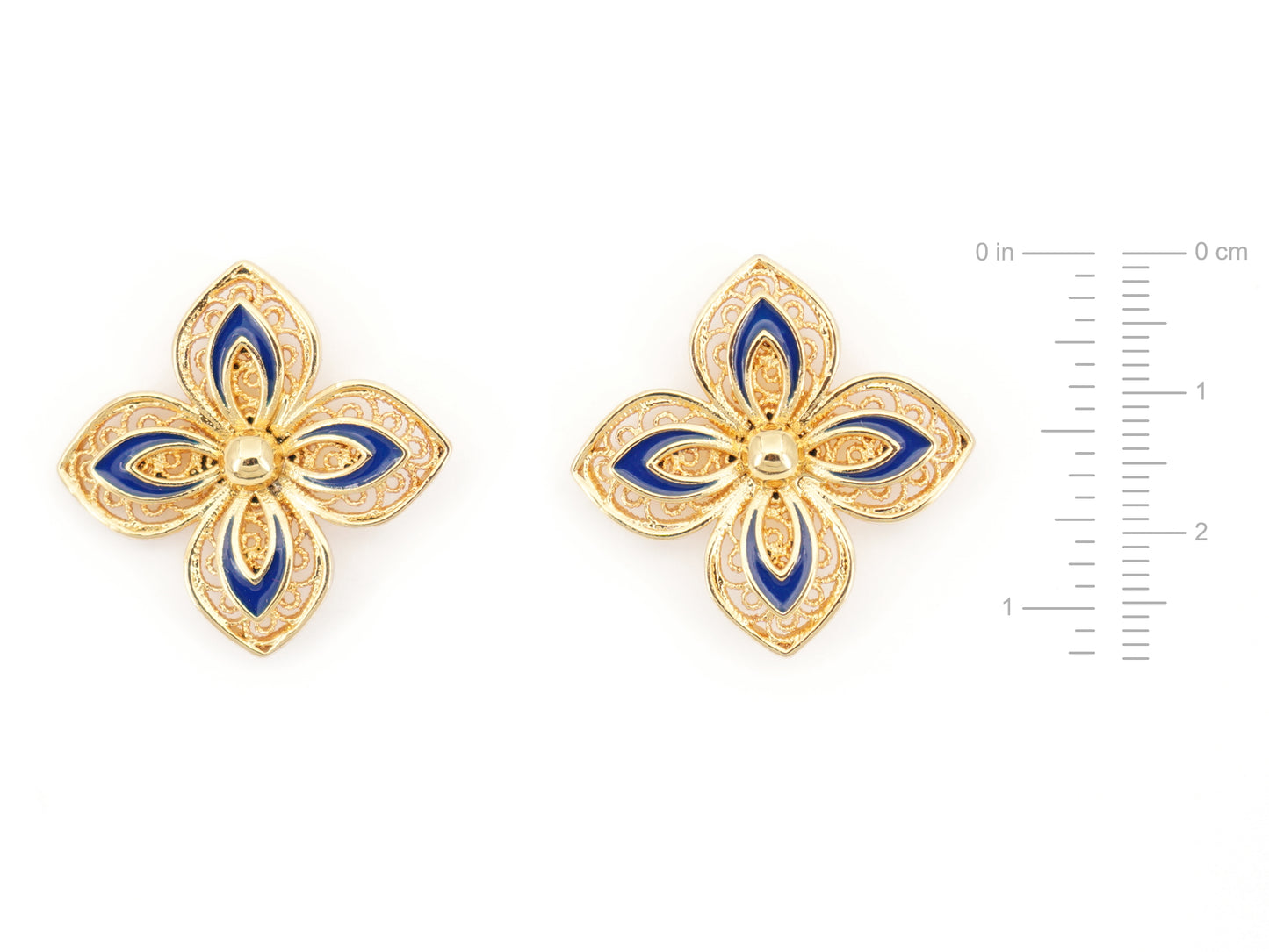Brincos Flores com Pormenores Azuis, Inspirados na Filigrana Portuguesa, Aço Inoxidável Dourado - Medidas