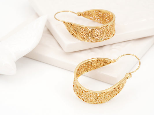 Argolas Tradicionais Grandes, Inspiradas na Filigrana Portuguesa, Aço Inoxidável Dourado