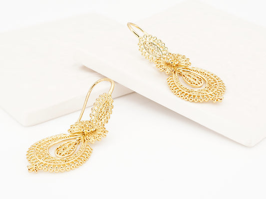 Brincos Princesa Médios, Inspirados na Filigrana Portuguesa, Aço Inoxidável Dourado
