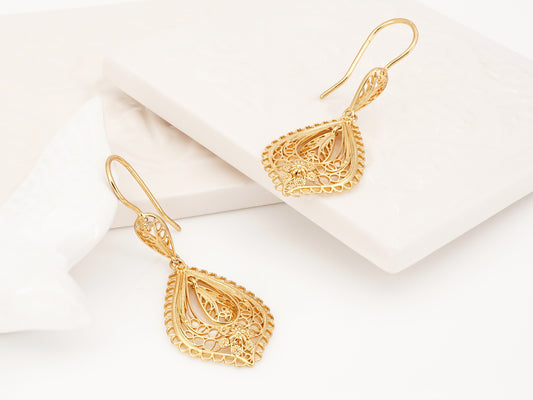 Brincos Lágrima Rica, Inspirado na Filigrana Portuguesa, Aço Inoxidável Dourado