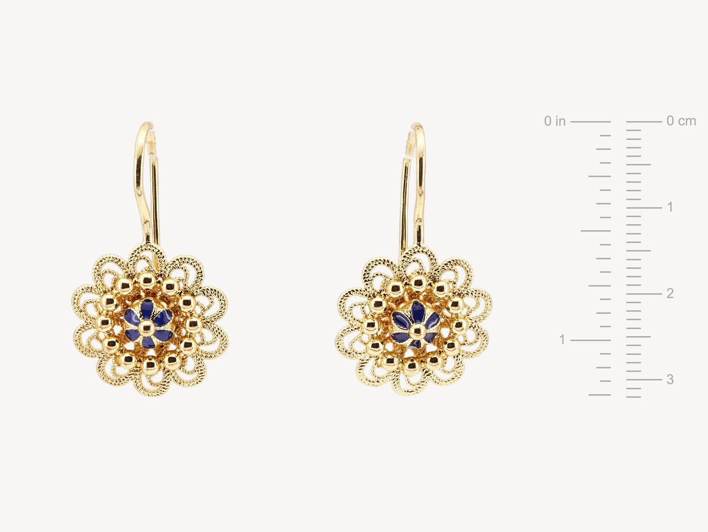 Brincos Flores com Pormenores Azuis, Inspirados na Filigrana Portuguesa, Aço Inoxidável Dourado - Medidas