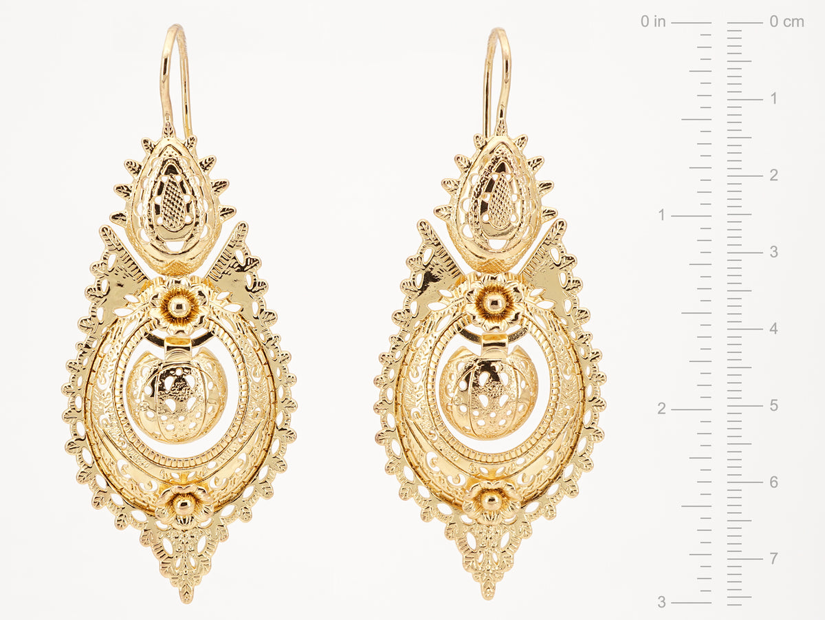 Brincos Rainha "Casca d'Ovo" Grandes, Inspirados na Filigrana Portuguesa, Aço Inoxidável Dourado - Medidas