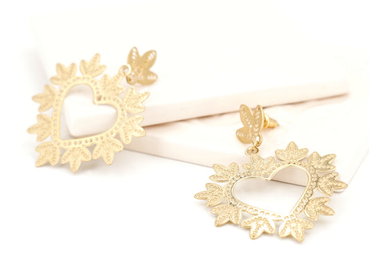 Brincos Coração Folhinhas, Inspirados na Filigrana Portuguesa, Aço Inoxidável Dourado
